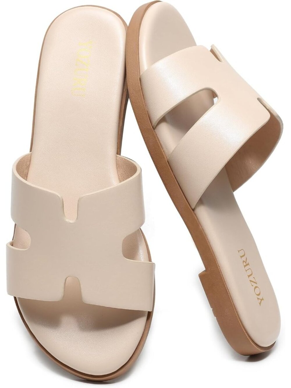 Women's Beige Leather Comfortable Cute Summer Slides Open Toe Flat Sandals